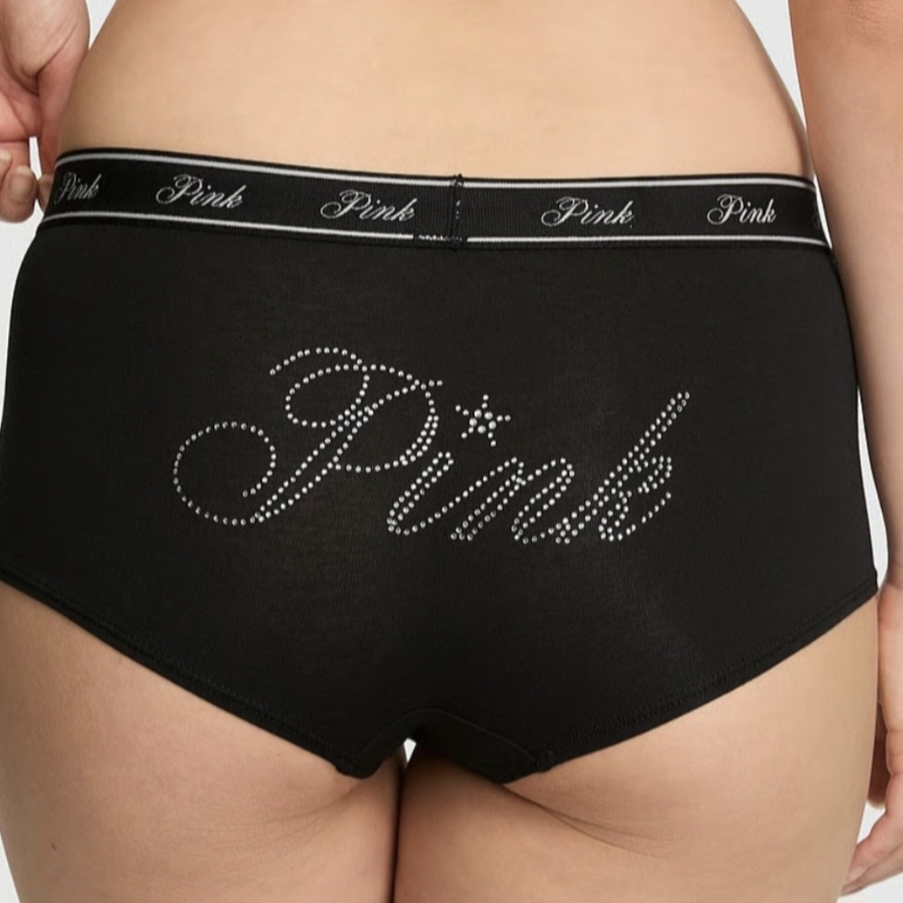 VS PINK Logo Limited Edition Black Script Diamante Cotton Boyshorts Panty Large